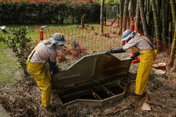 Dos trabajadores con equipo de protección levantan la tapa de una estructura subterránea en un área cercada