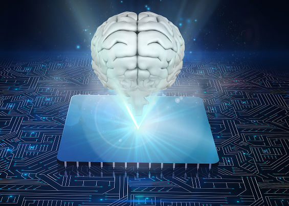 Representación de un cerebro digital conectado a un chip sobre placa de circuitos