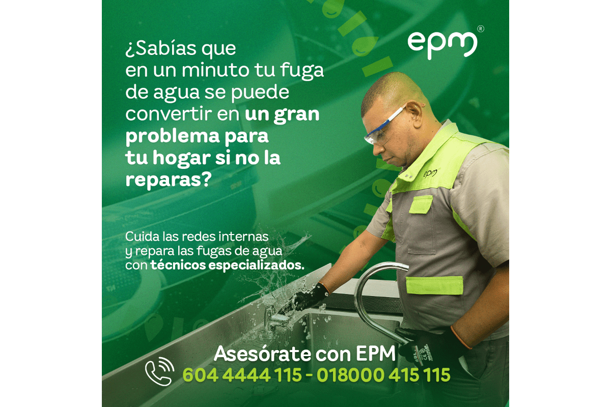 ¿Sabías que en un minuto tu fuga de agua se puede convertir en un gran problema para tu hogar si no la reparas? Cuida las redes internas y repara las fugas de agua con técnicos especializados. Asesórate con EPM 604 4444 115 - 018000 415 115