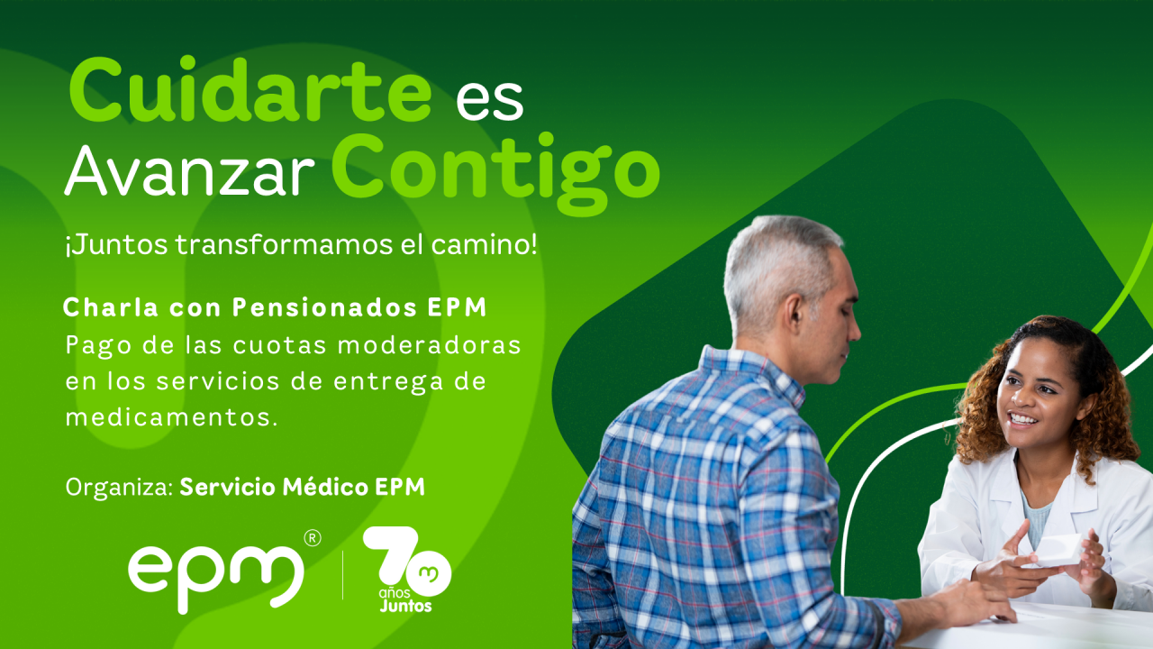 imagen de farmaceutica entregando medicamento con la presentación del nombre de la campaña de pago de las cuotas moderadoras con los pensionados EPM