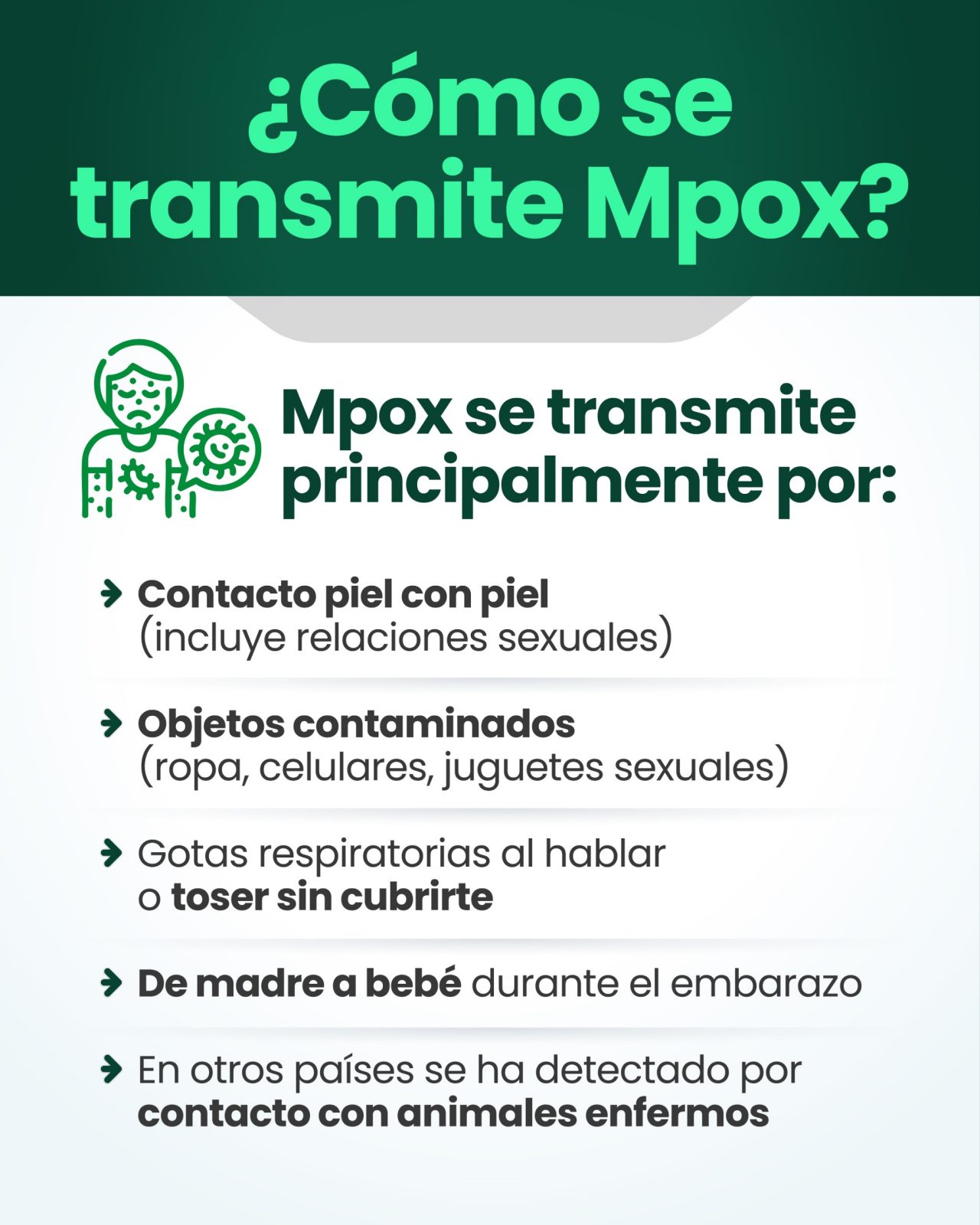 ¿Cómo se transmite el Mpox? el Mpox se transmite principalmente por: contacto con la piel (incluye relaciones sexuales), Objetos contaminados (ropa, celulares, juguetes sexuales), Gotas respiratorias al hablar o toser sin cubrirte, De madre a bebé durante el embarazo, en otros países se ha detectado por contacto con animales enfermos. 