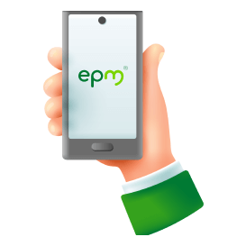 Mano sosteniendo un teléfono móvil con el logotipo de epm en la pantalla.