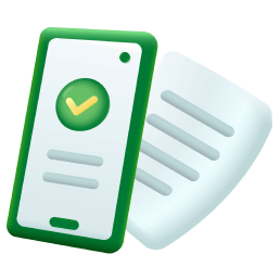 Ícono ilustrado de un celular con una marca de verificación verde al frente de un documento.