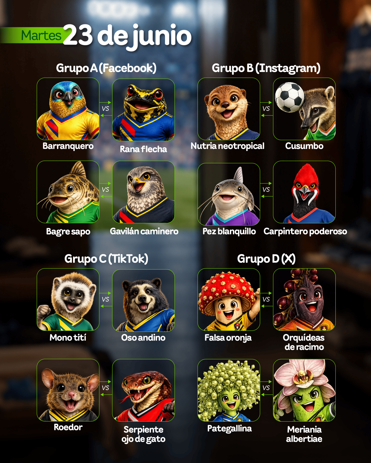 Enfrentamientos programados del grupo A en facebook, grupo B en Instagram, grupo C en Tiktok y grupo de en X