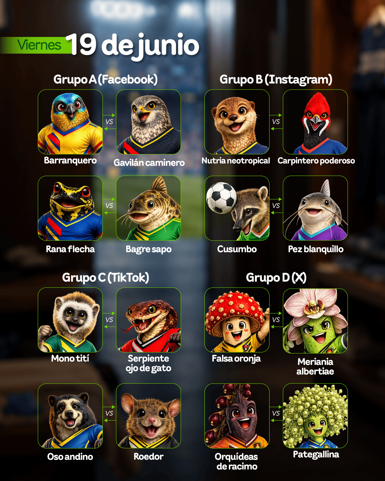 Enfrentamientos programados del grupo A en facebook, grupo B en Instagram, grupo C en Tiktok y grupo de en X