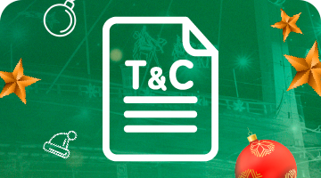 Términos y condiciones del concurso. El acceso tiene una imágen de Ícono blanco de un documento con las letras "T&C"sobre un fondo verde con elementos decorativos navideños
