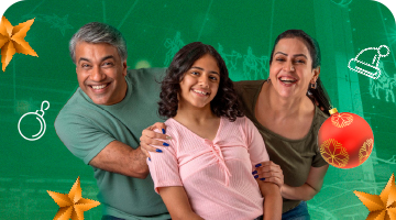Cesión de derechos. el acceso a este contenido tiene una imágen de una Familia de tres personas sonriendo sobre un fondo verde con elementos decorativos navideños
