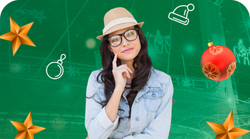 preguntas y respuestas. El acceso tiene una imágen de mujer joven con gafas y sombrero posando pensativa, sobre un fondo verde con elementos decorativos navideños