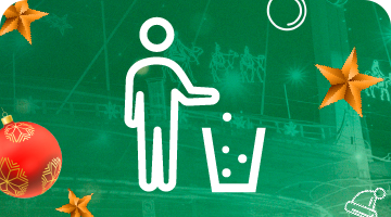 Guía del Departamento Nacional de Planeación sobre residuos sólidos. El acceso tiene una imágen de Ícono blanco de una persona arrojando basura en una papelera sobre un fondo verde con elementos decorativos navideños