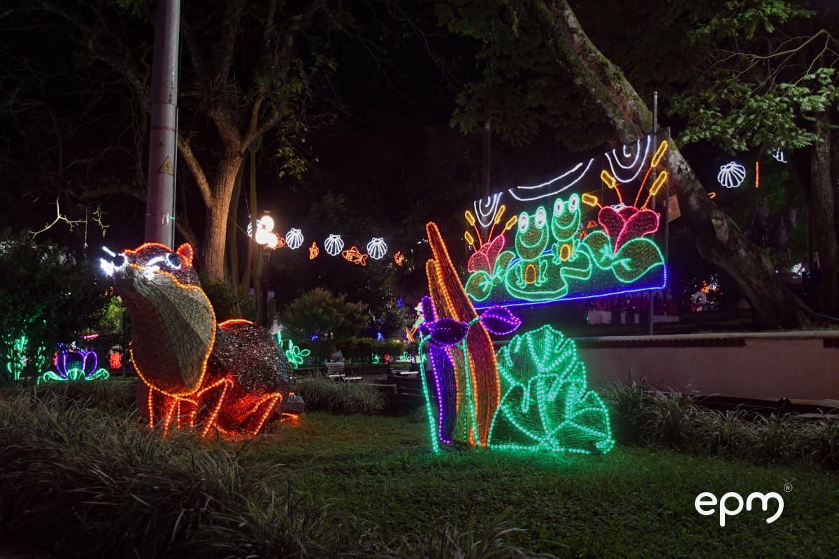 Figuras de animales iluminadas en el parque central