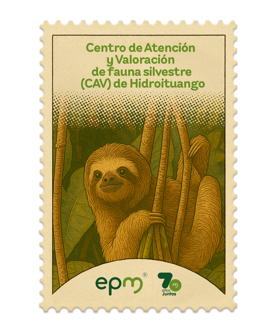 Estampilla de celebración 70 años Juntos epm: El Centro de Atención y Valoración de fauna silvestre (CAV) de Hidroituango