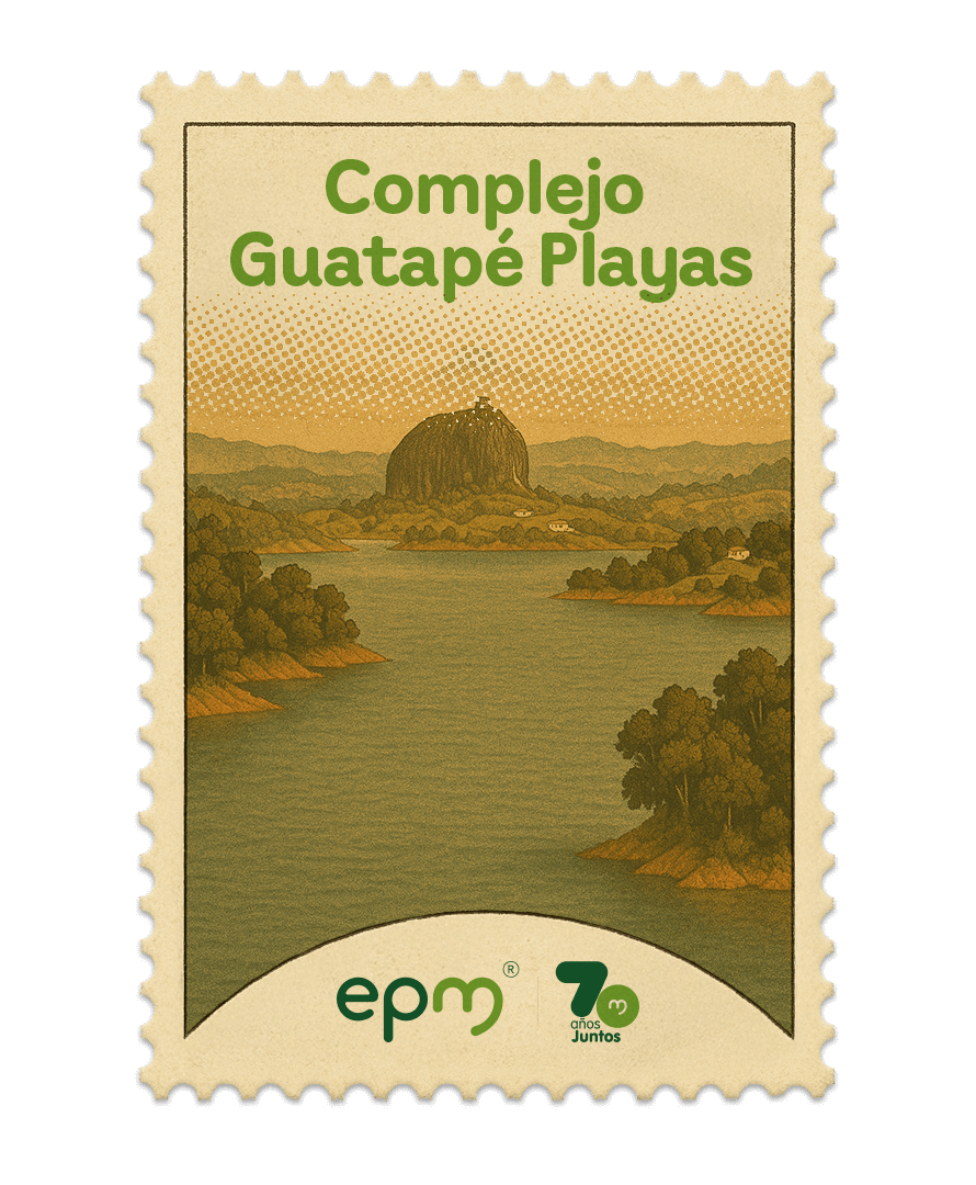 Estampilla de celebración 70 años Juntos epm: Origen Complejo de Guatapé Playas