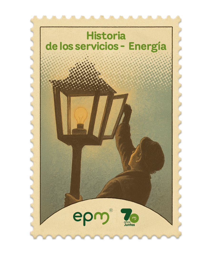 Estampilla de celebración 70 años Juntos epm: Historia de los servicios - Energía