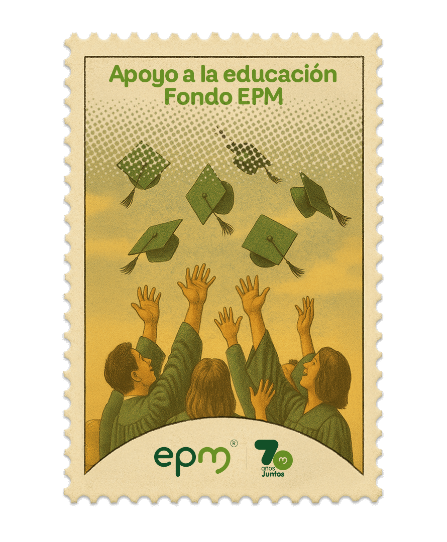 Estampilla de celebración 70 años Juntos epm: Apoyo a la educación, fondo EPM.