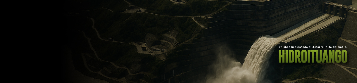 Banner del documental “Hidroituango” con el texto “70 años impulsando el desarrollo de Colombia”. Se observa la represa en funcionamiento y los logos de EPM y de los 70 años juntos.