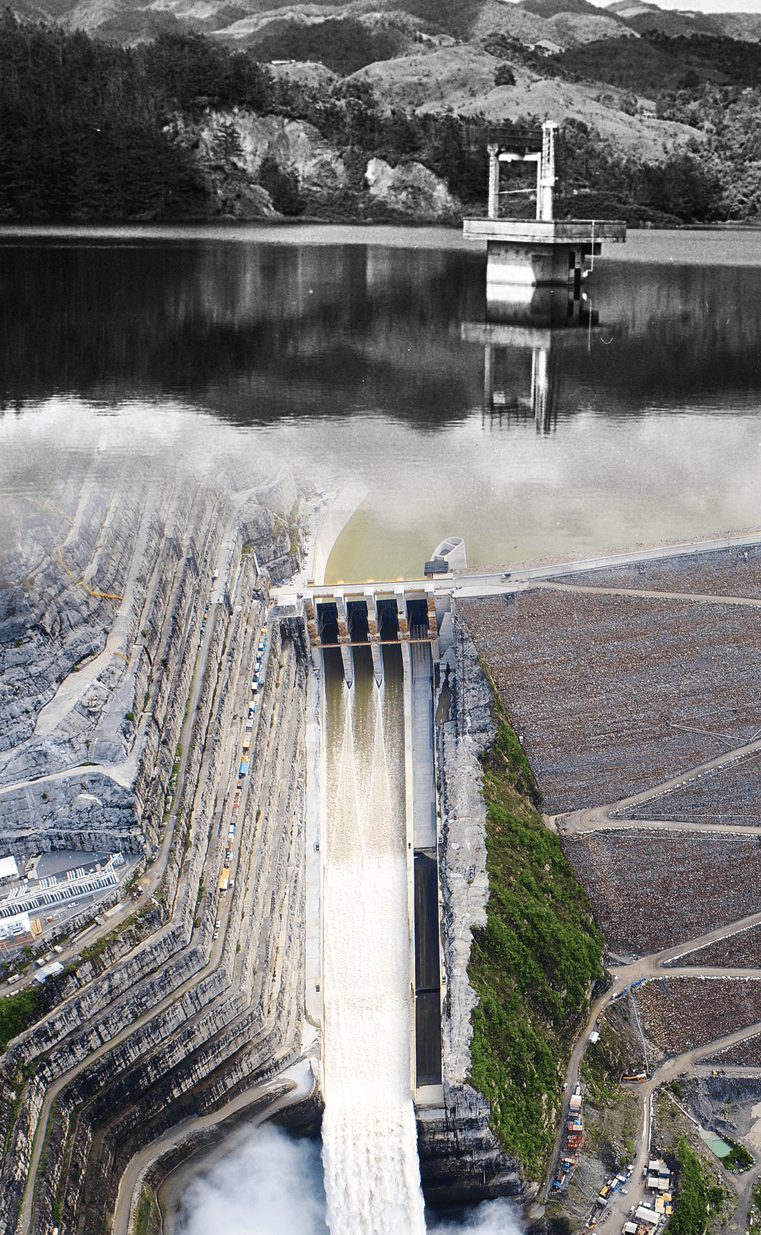 Vista comparativa de la represa Hidroituango, mostrando su evolución desde su construcción inicial hasta la actualidad.