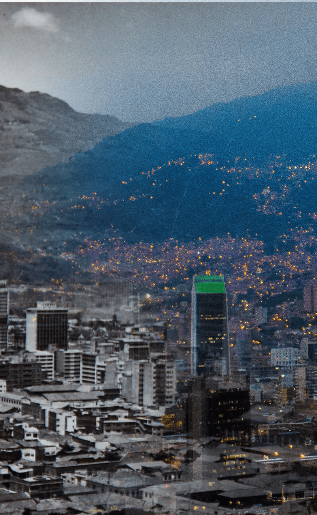 Composición visual de la ciudad de Medellín, combinando una imagen histórica en blanco y negro con una actual a color.