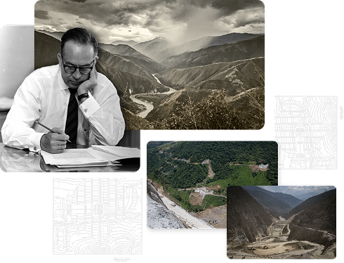 Collage que muestra los primeros años del proyecto Hidroituango: El ingeniero José Tejada Sáenz revisando planos, imágenes del cañón del río Cauca antes de la construcción, bosquejos técnicos y las primeras fases del desarrollo en el terreno.