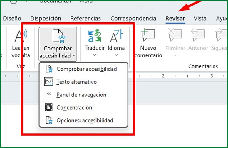 Visualización de menú desplegado de la herramienta de "Comprobar accesibilidad" en word
