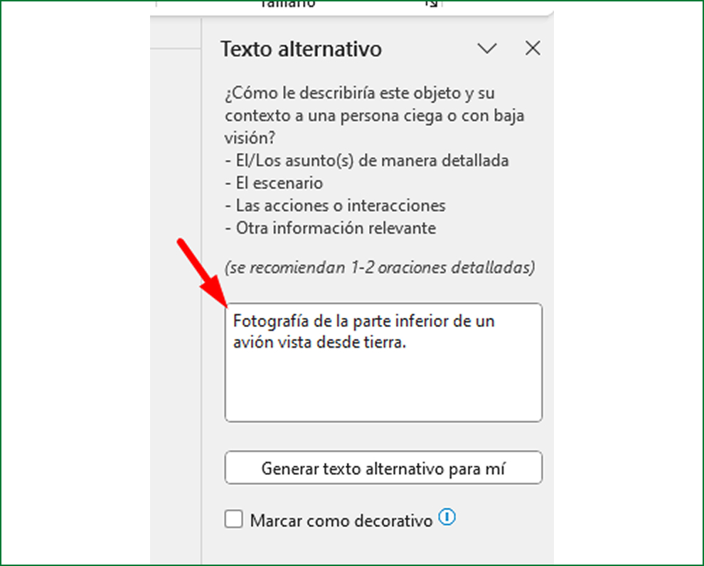 Visualización de propiedades de la herramienta de texto alternativo en word