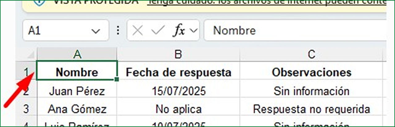 Visualización de cursor sobre celda A1