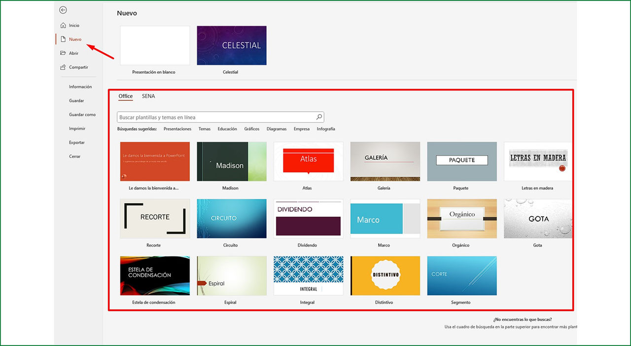 Visualización de las plantilla definidas por power point