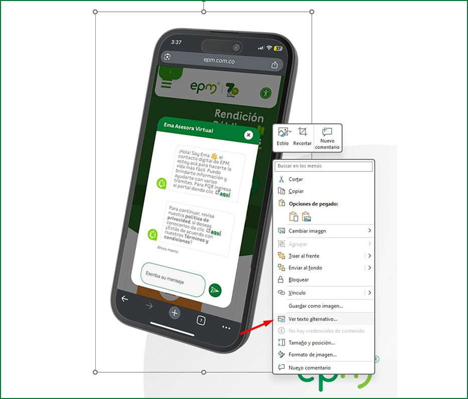 Visualización de configuración de imagen al hacer clic izquierdo, flecha seleccionando herramienta de texto alternativo