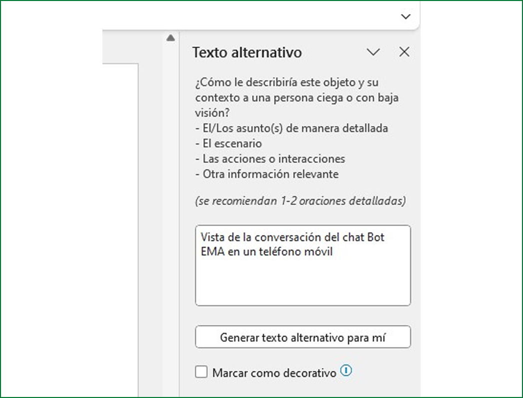 Visualización de herramienta de texto alternativo