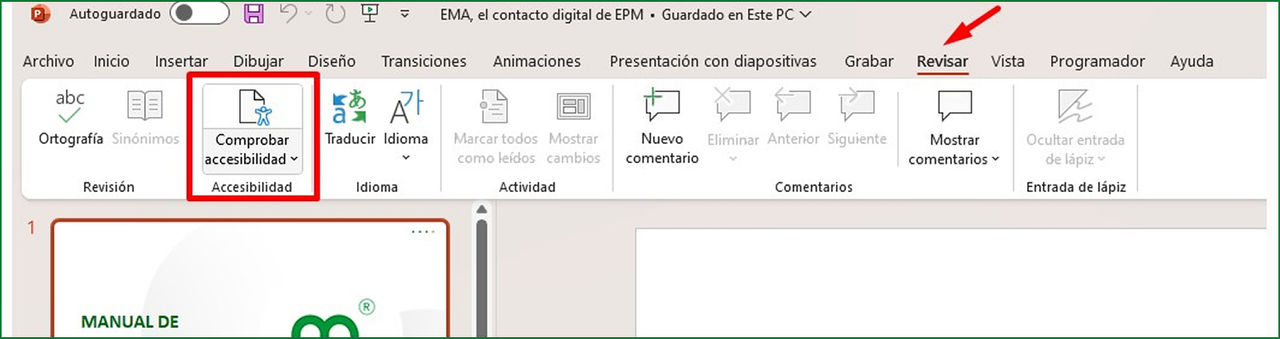 Visualización de menú revisar, herramienta de comprobar accesibilidad