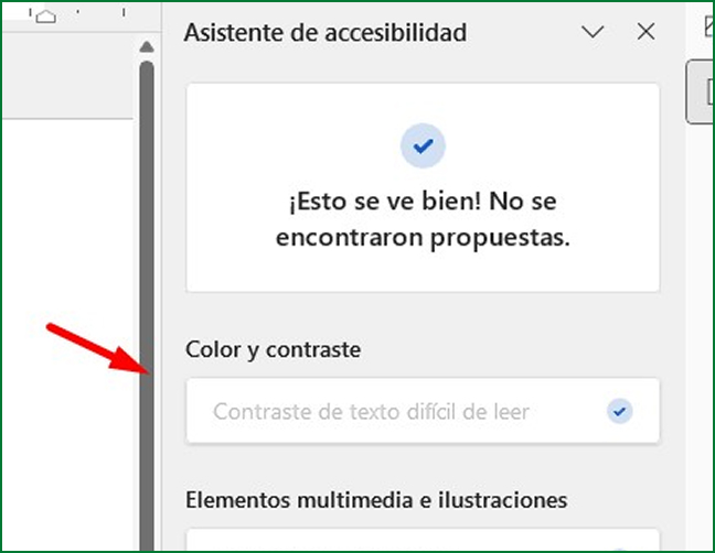 Visualización de asistente de accesibilidad, opción: Color y contraste