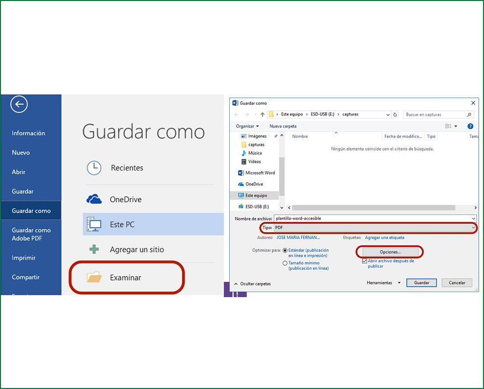 Visualización de Guardar como en el programa de word, dando clic en examinar, tipo: pdf, y dar clic en botón de opciones