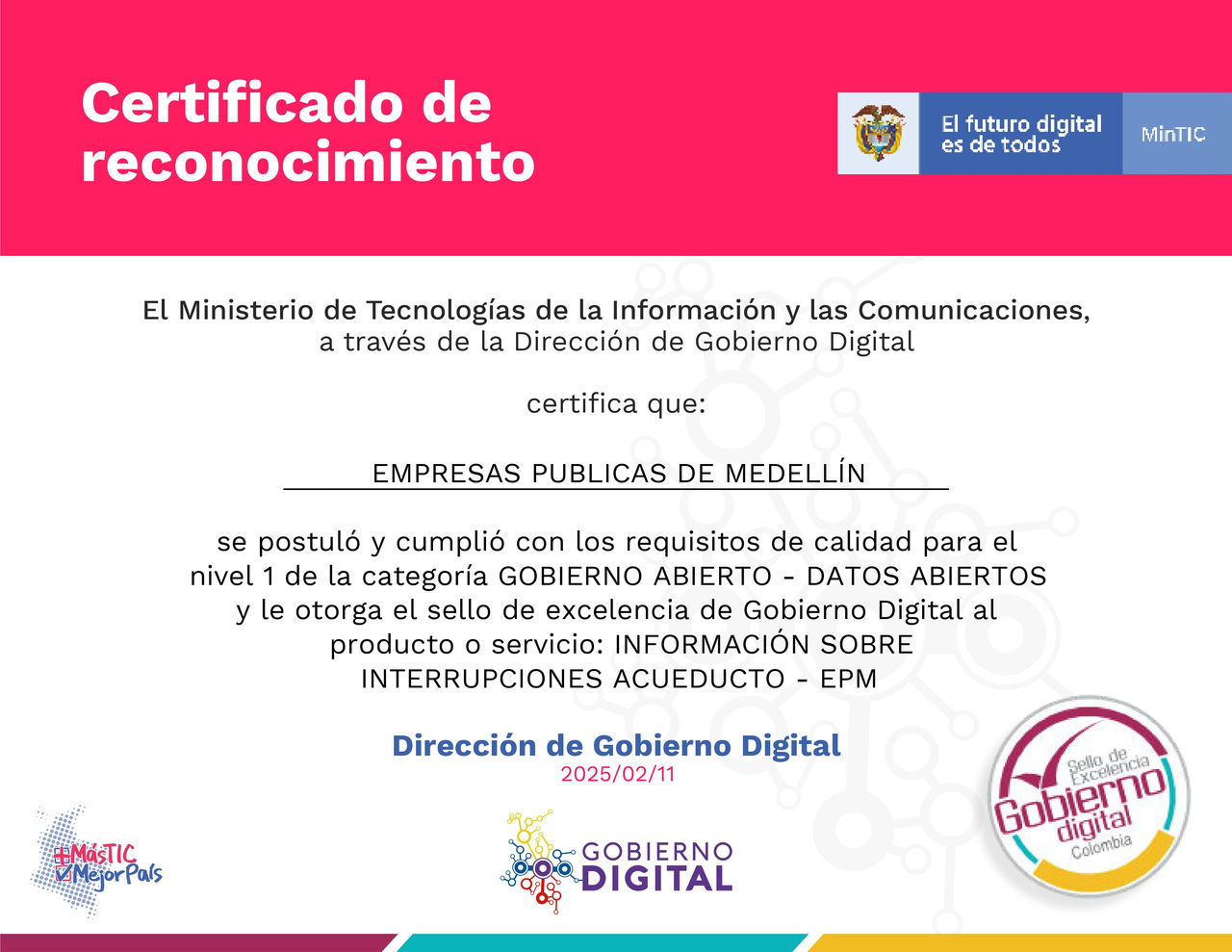 Certificado de Información sobre interrupciones Acueducto