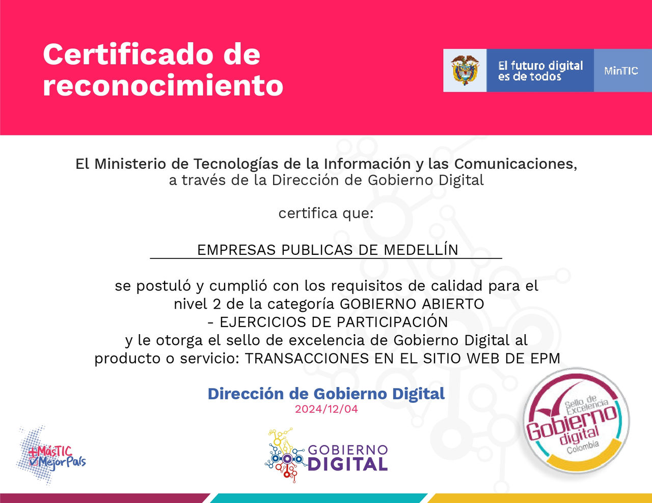 Certificado de Transacciones en el sitio web de EPM