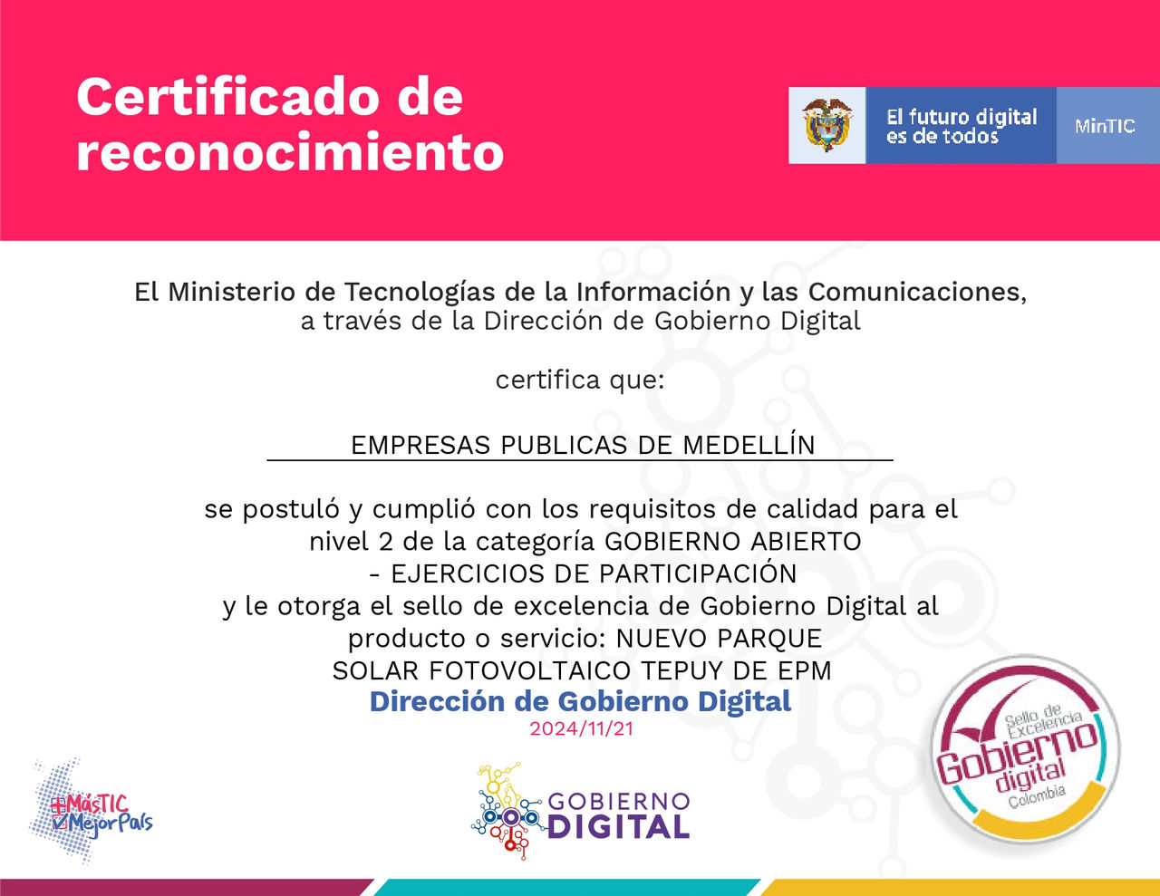 Certificado de Nuevo parque Solar Fotovoltaico Tepuy de EPM