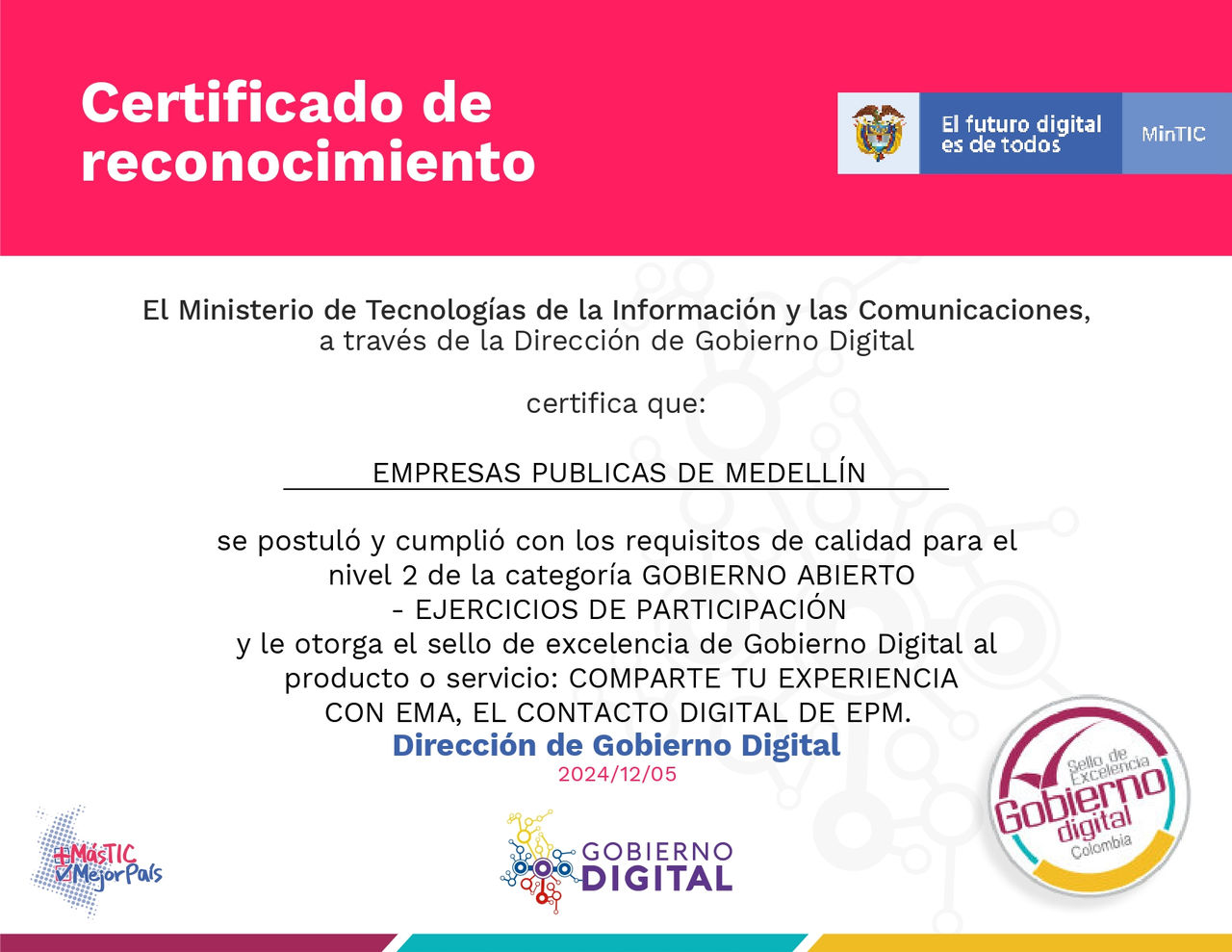 Certificado de Comparte tu experiencia con Ema, el contacto digital de EPM