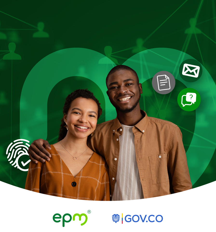 Pareja joven sonriendo frente a un fondo verde con íconos digitales, acompañados de los logos de EPM y GOV.CO.