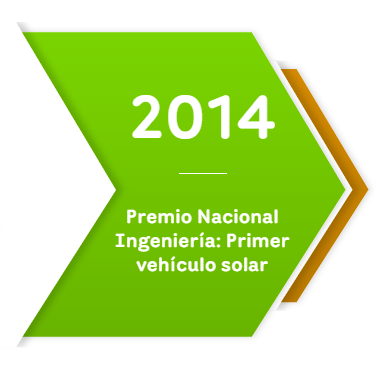 Premio Nacional de Ingeniería 2014 otorgado al desarrollo del primer vehículo solar en Colombia, ilustrado con una flecha verde y texto blanco sobre fondo blanco