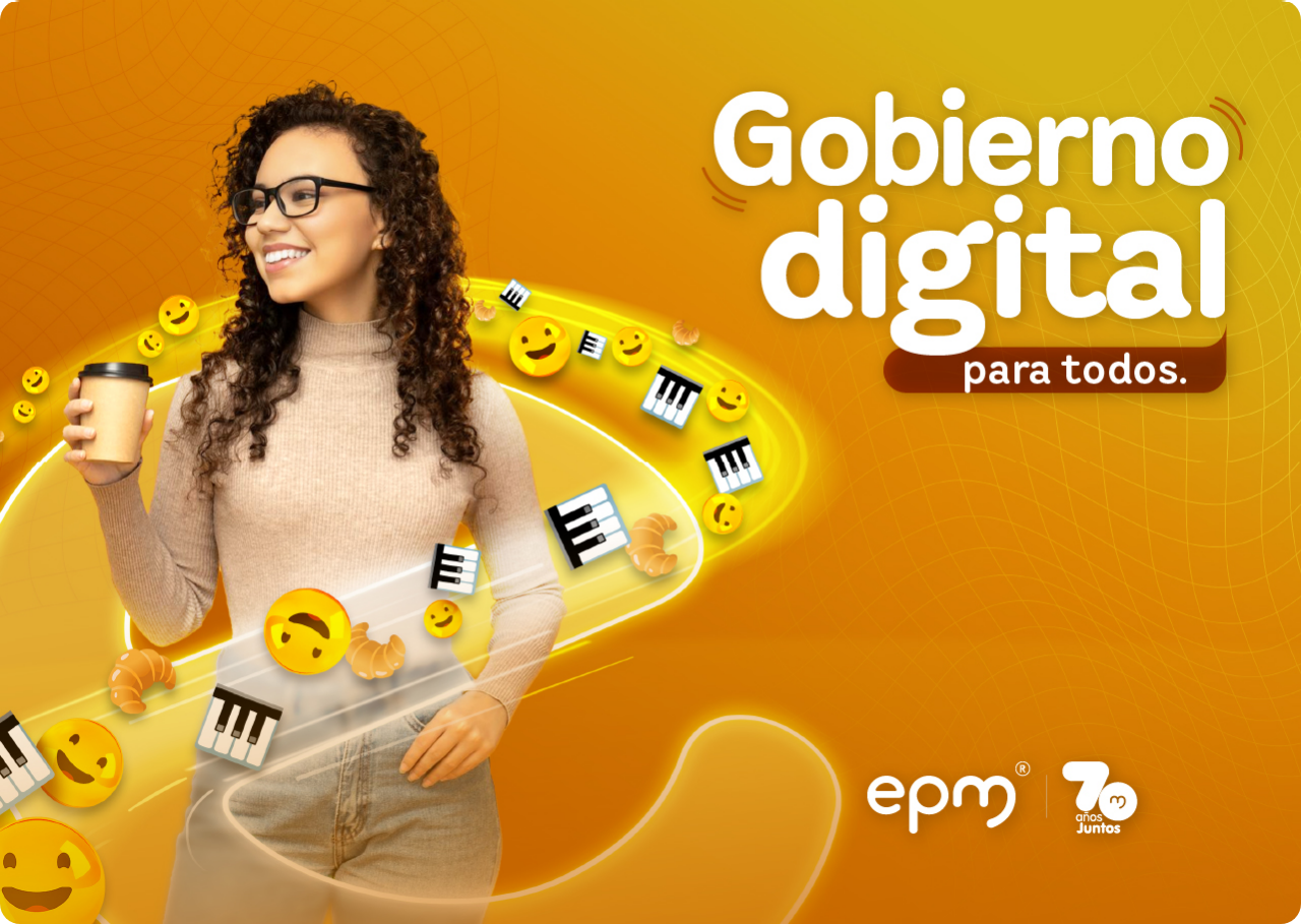 Imagen diseñada de una mujer sonriente con café en mano, sobre fondo naranja con emojis y el texto “Gobierno digital para todos”.