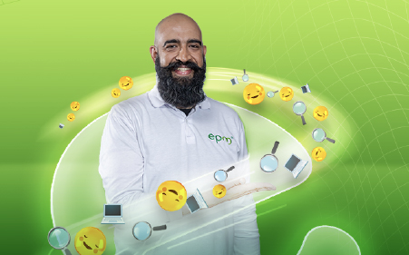 Imagen diseñada de un trabajador de EPM, rodeado de íconos digitales sobre un fondo verde