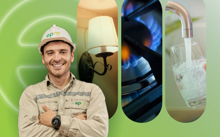 Imagen diseñada de un trabajador de EPM sonriendo, con imágenes de servicios de electricidad, gas y agua al fondo