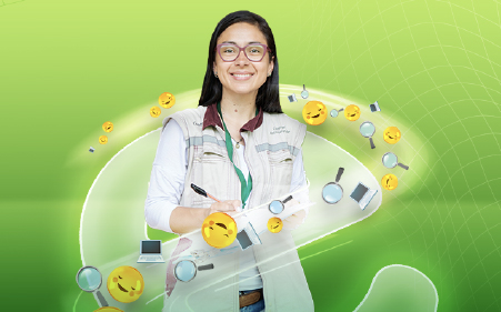 Imagen diseñada de un trabajador de EPM Imagen diseñada de una mujer con chaleco de EPM, sosteniendo una libreta y rodeada de íconos digitales sobre un fondo verde, con imágenes de servicios de electricidad, gas y agua al fondo