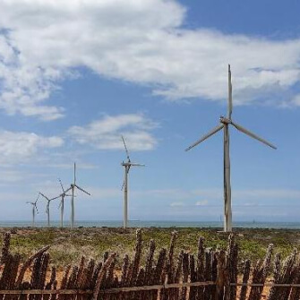 Parque eólico costero con aerogeneradores alineados sobre terreno árido bajo cielo despejado, vistos tras una cerca de madera