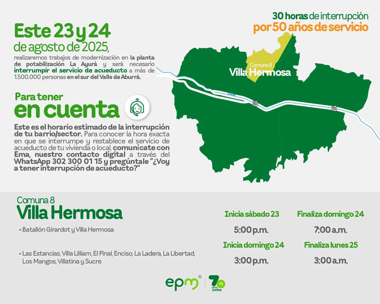 Aviso de EPM sobre la interrupción del servicio de acueducto por 30 horas para trabajos de modernización. Afectará a la Comuna 8 Villa Hermosa del Valle de Aburrá.