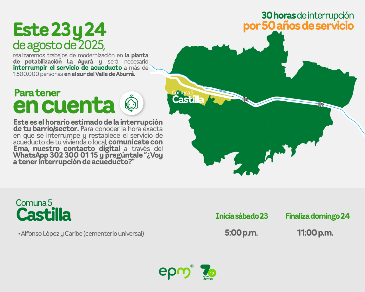 Aviso de EPM sobre la interrupción del servicio de acueducto por 30 horas para trabajos de modernización. Afectará a la Comuna 5 Castilla del Valle de Aburrá.
