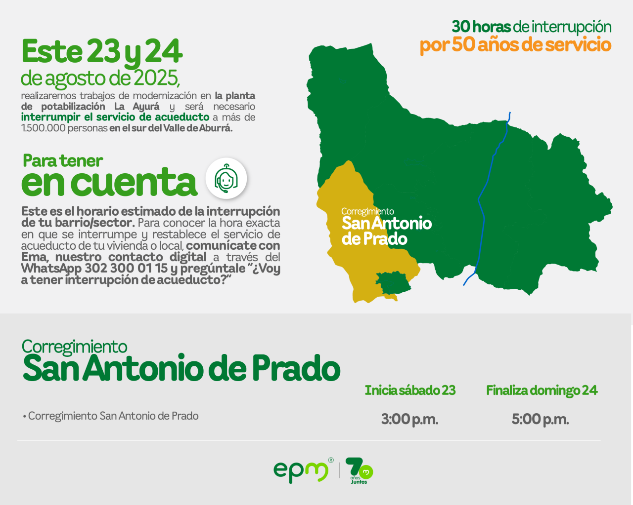 Aviso de EPM sobre la interrupción del servicio de acueducto por 30 horas para trabajos de modernización. Afectará al corregimiento de San Antonio de Prado del Valle de Aburrá.