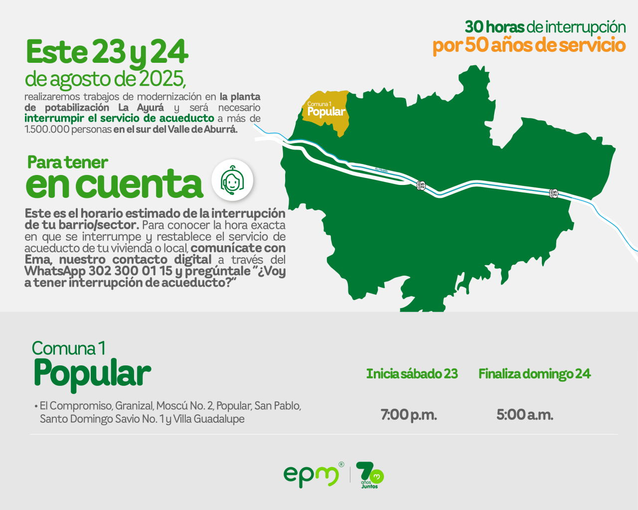 Aviso de EPM sobre la interrupción del servicio de acueducto por 30 horas para trabajos de modernización. Afectará a la Comuna 1 Popular del Valle de Aburrá.