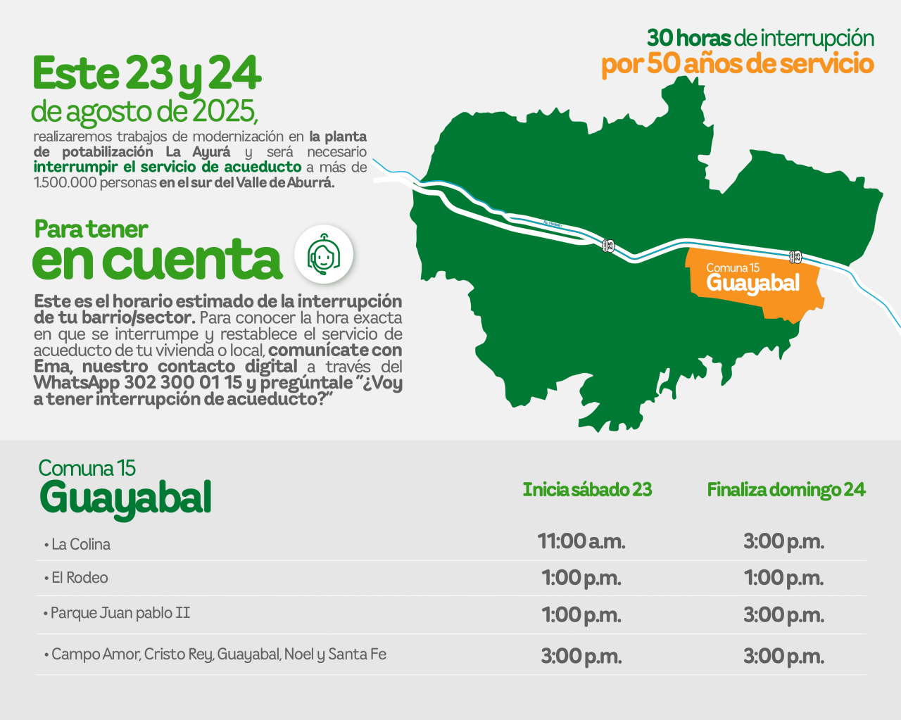  Aviso de EPM sobre la interrupción del servicio de acueducto por 30 horas para trabajos de modernización en la Comuna 15 Guayabal del Valle de Aburrá.