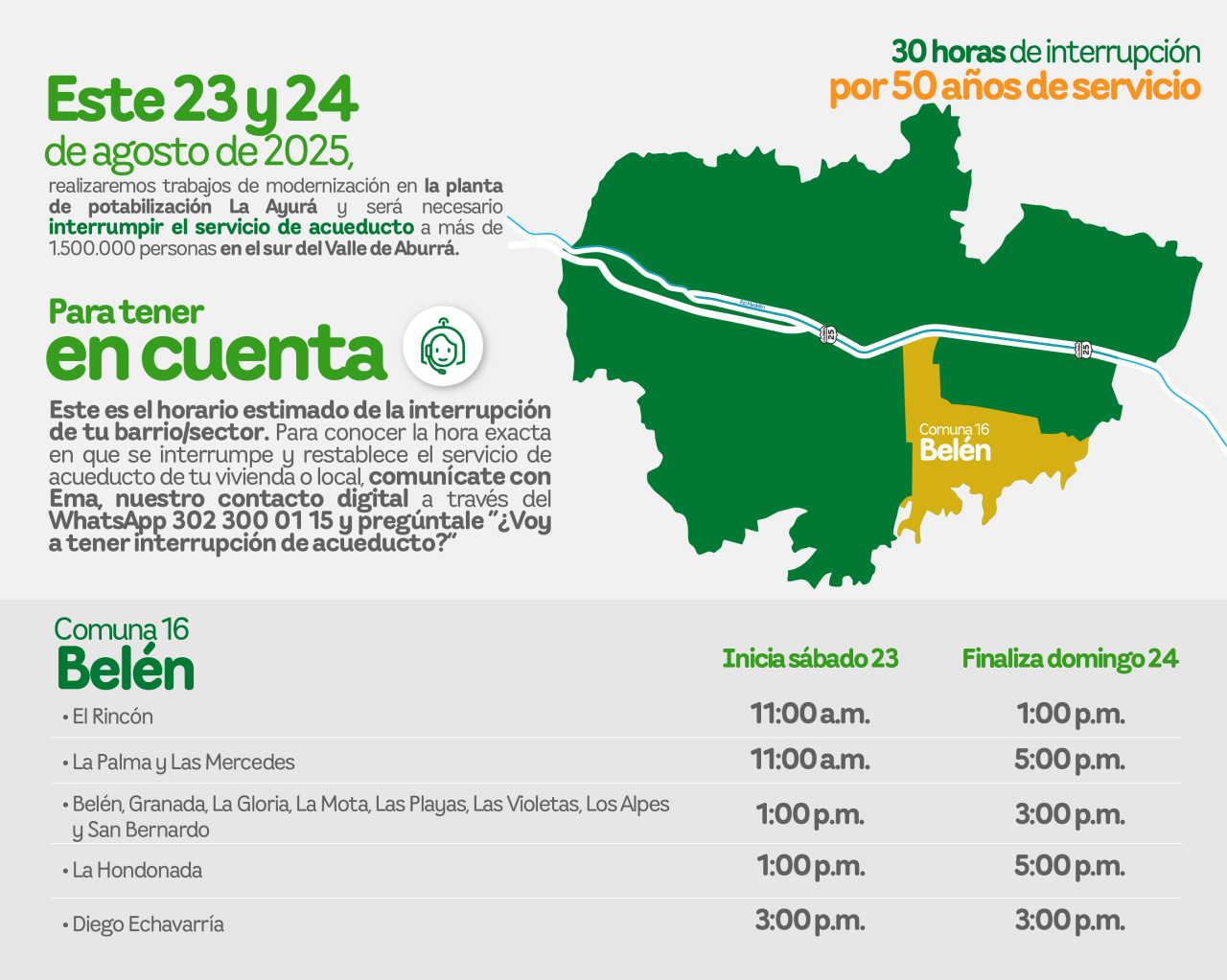  Aviso de EPM sobre la interrupción del servicio de acueducto por 30 horas para trabajos de modernización en la Comuna 16 Belén del Valle de Aburrá.