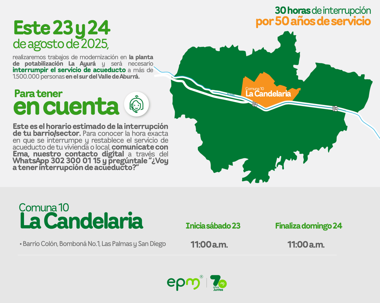  Aviso de EPM sobre la interrupción del servicio de acueducto por 30 horas para trabajos de modernización en la Comuna 10 La Candelaria del Valle de Aburrá.