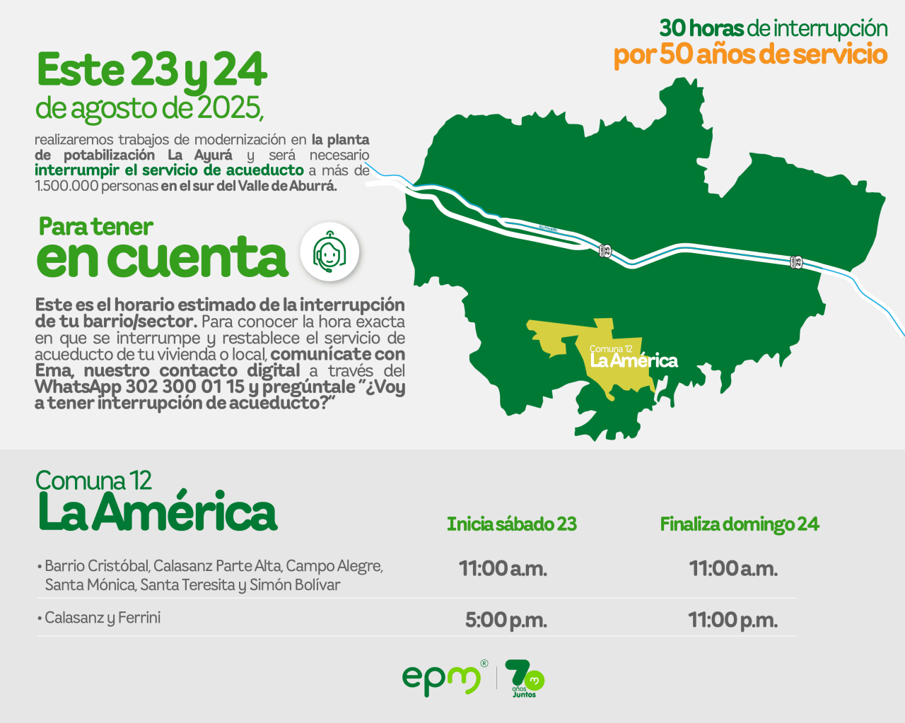  Aviso de EPM sobre la interrupción del servicio de acueducto por 30 horas para trabajos de modernización en la Comuna 12 La América del Valle de Aburrá.